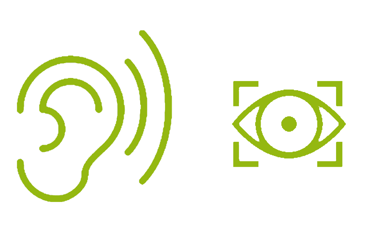 grünes Symbol für hören und sehen in grün. Abgebildet ist ein Ohr und ein Auge in grüner Strickoptik.